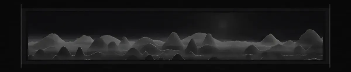 The whole landscape compressed into a long horizontal scroll, mounted in a dark frame with thin roller lines at each end.