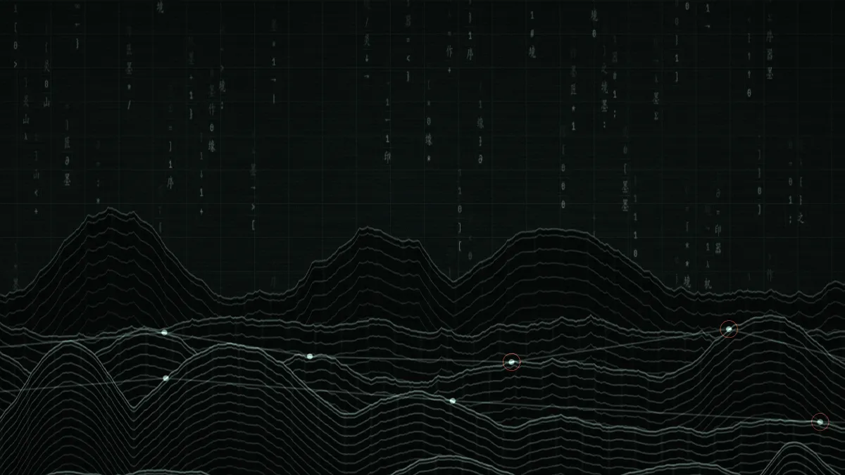 The same mountains drawn as green contour lines on near-black, with connected nodes along the ridges and columns of falling glyphs.